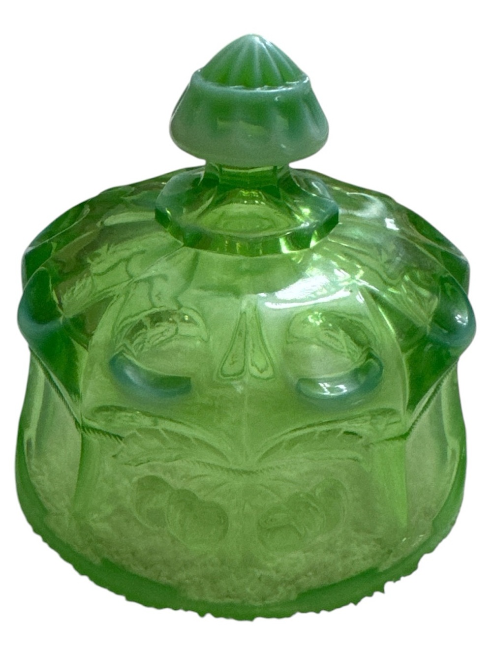 Mosser Glass Cherry Print Vintage Green Glass Covered Butter Dish - Picture 7 of 11